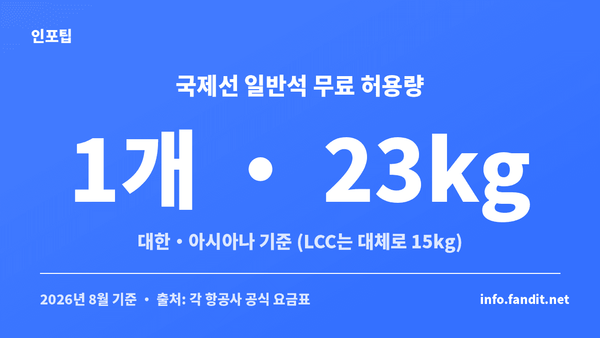 위탁수하물 무료 허용량 국제선 일반석 1개 23kg 기준을 보여주는 수치 카드