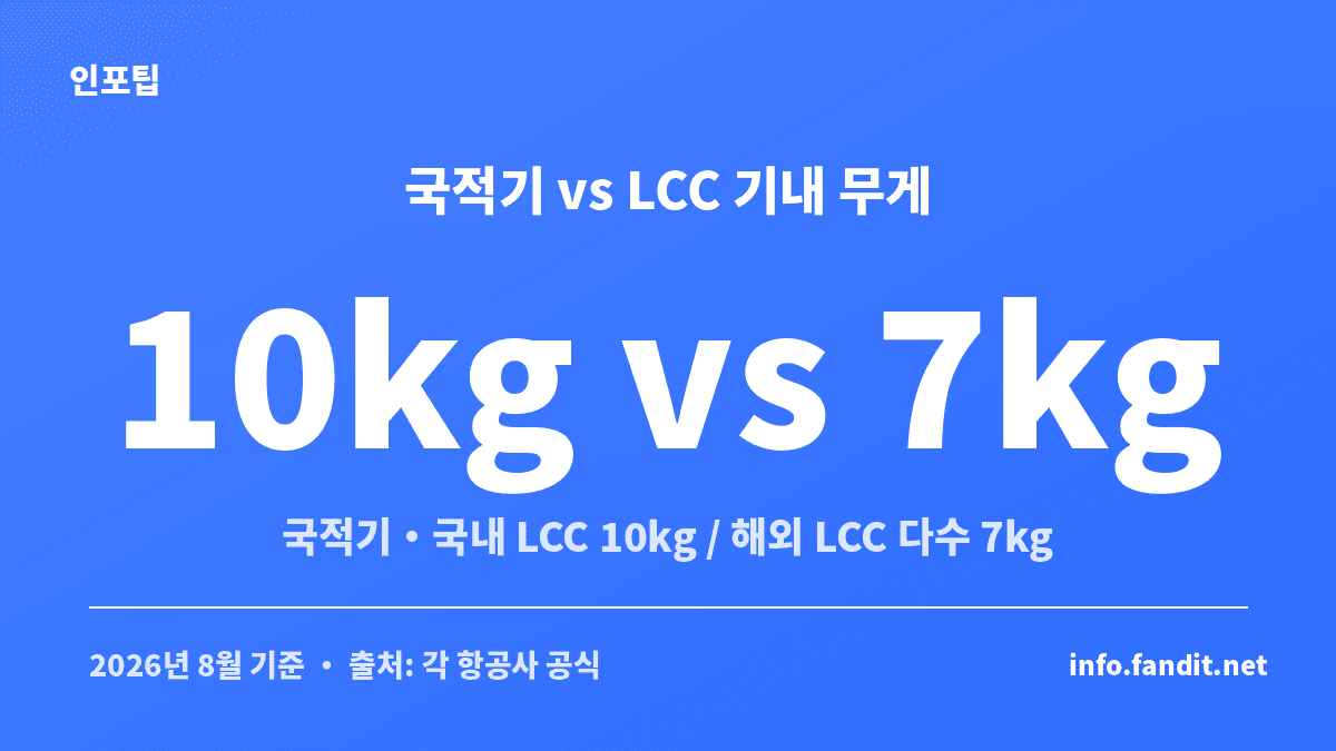 국적기와 국내 LCC는 기내 수하물 10kg, 피치 등 해외 LCC는 7kg으로 기내 수하물 크기 규정 무게가 다름을 비교한 이미지