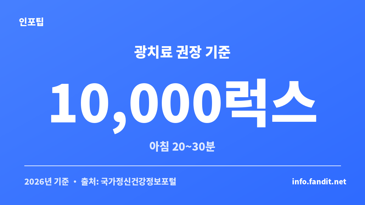 계절성 우울증 광치료의 권장 밝기와 시간을 보여주는 정보 카드