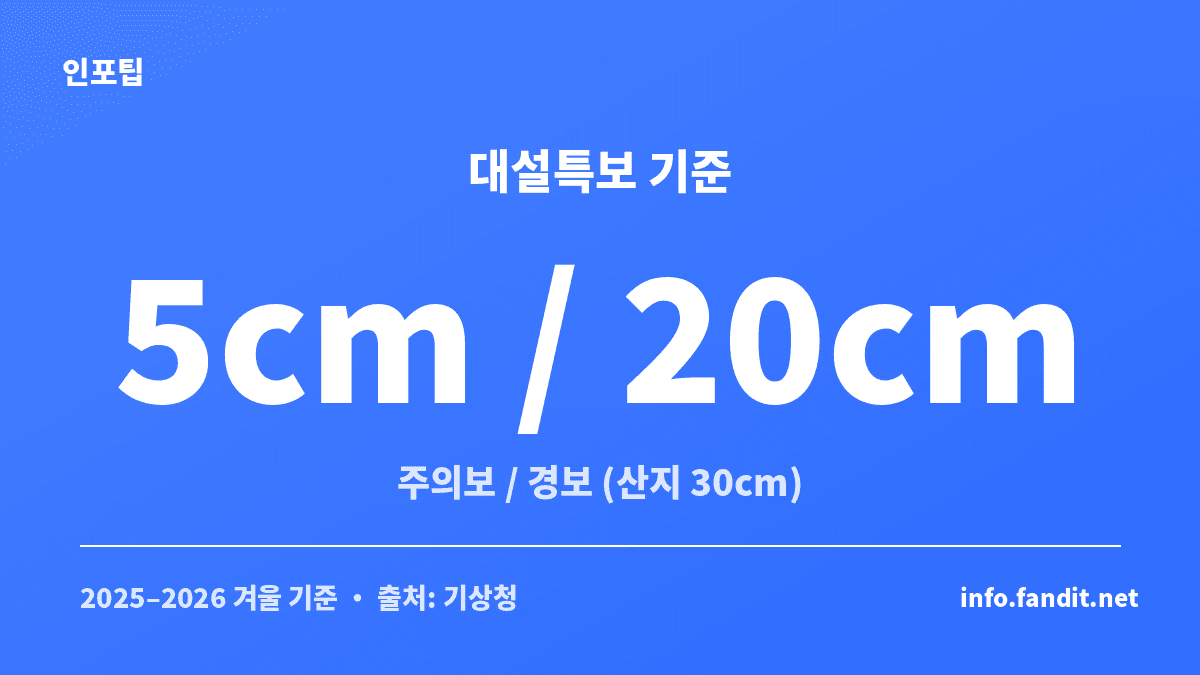 폭설 스노우체인 의무 구간 발동 기준인 대설특보 적설량을 보여주는 수치 카드