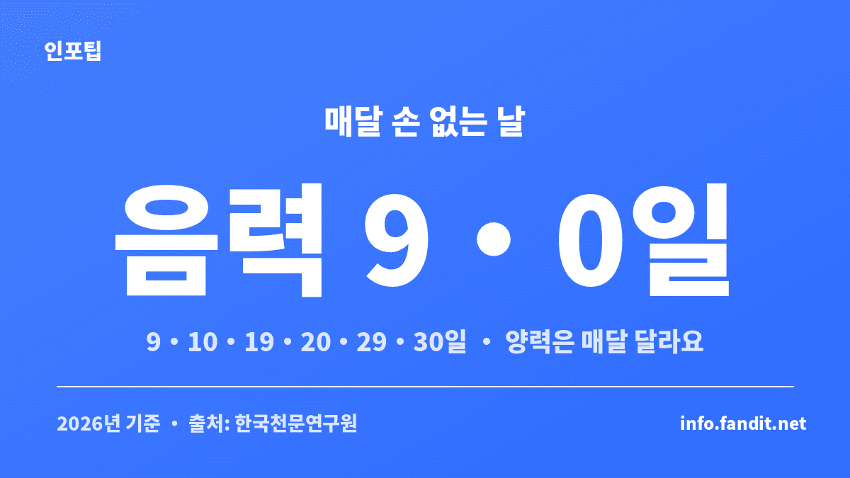 손 없는 날이 음력 끝자리 9일과 0일임을 보여주는 이미지