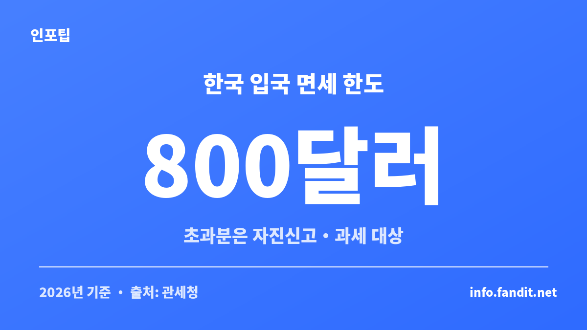 해외 택스리펀드를 많이 받았을 때 주의할 한국 입국 800달러 면세 한도를 보여주는 카드