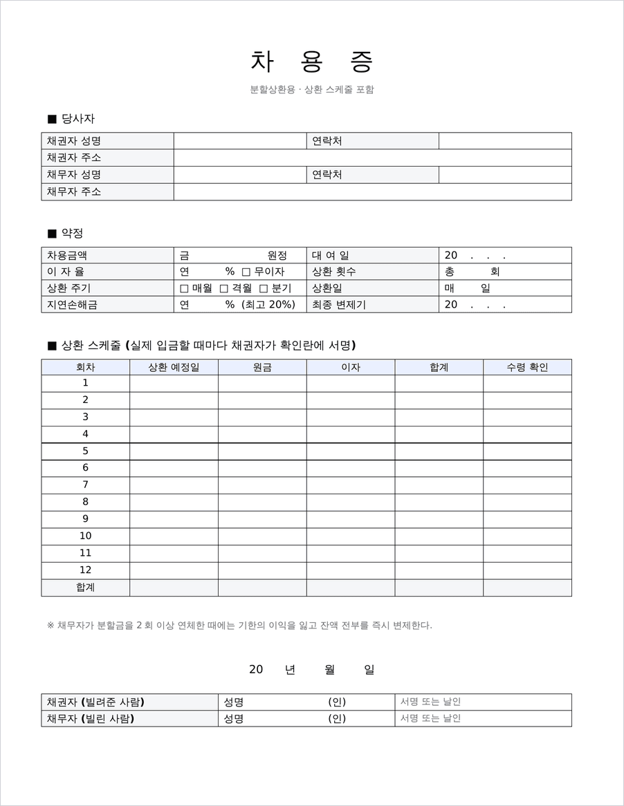 분할상환 차용증 양식 미리보기