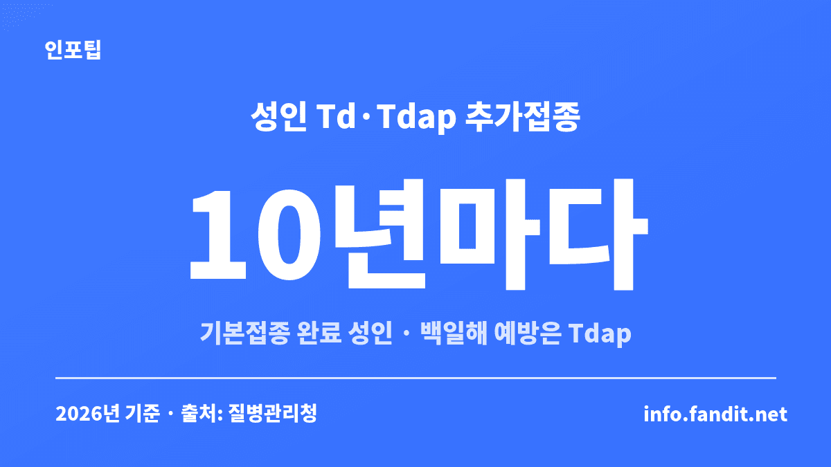 성인 예방접종 중 파상풍·백일해 추가접종은 기본접종을 마친 성인이 10년마다 Td 또는 Tdap으로 맞는다는 기준을 보여주는 수치 카드