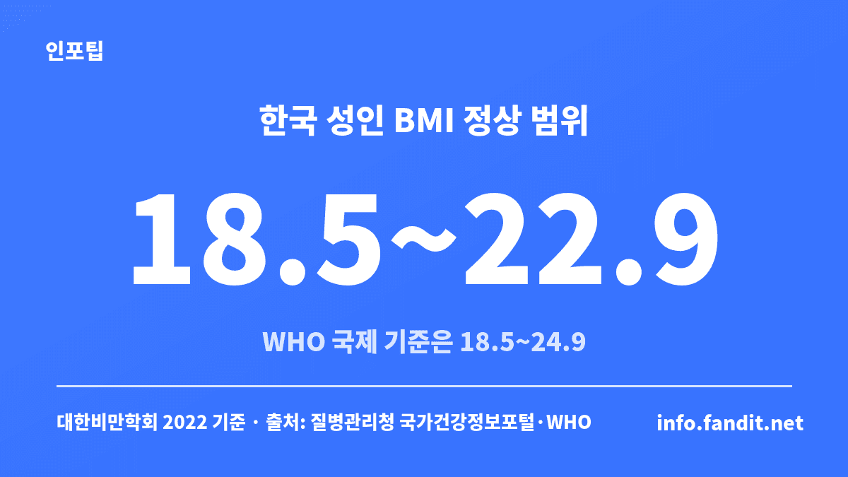 한국 성인 BMI 정상 범위 18.5~22.9와 WHO 국제 기준 정상 범위 18.5~24.9를 비교한 수치 카드