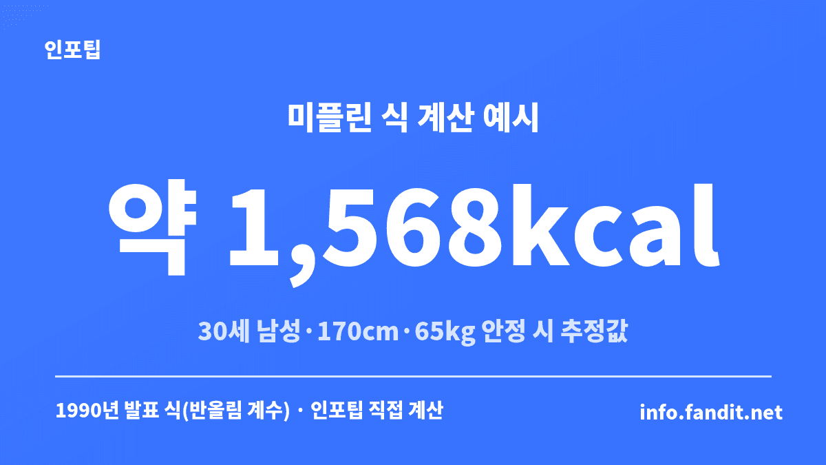 기초대사량 계산법 예시로 30세 남성 170cm 65kg을 미플린-세인트지어 식에 넣은 하루 약 1,568kcal 추정값