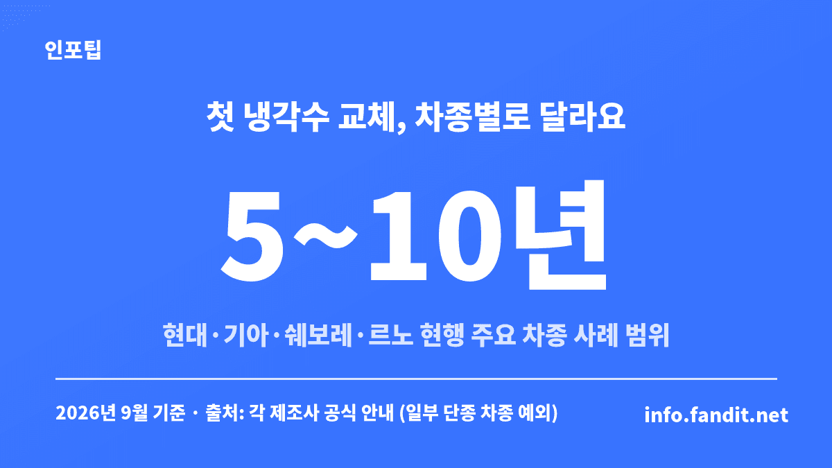 자동차 부동액 첫 교체 주기가 현행 주요 국산 브랜드 차종에서 5~10년까지 다르다는 것을 보여주는 수치 카드