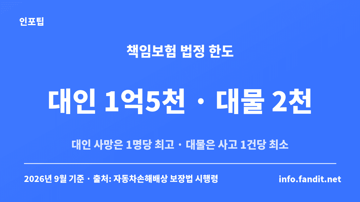 책임보험 대인 대물 한도 카드 — 대인배상Ⅰ 사망 피해자 1명당 최고 1억5천만원, 대물 사고 1건당 최소 2천만원