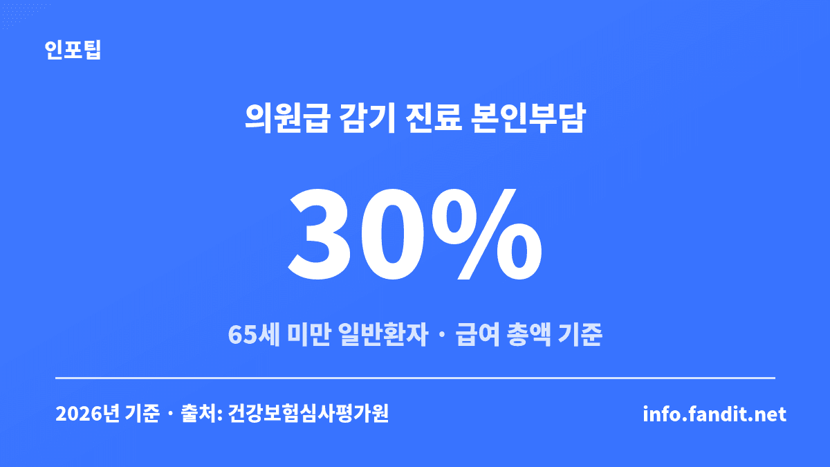 겨울 감기 몸살 병원 진료비에서 65세 미만 일반환자의 의원급 외래 본인부담률 30%를 보여주는 수치 카드