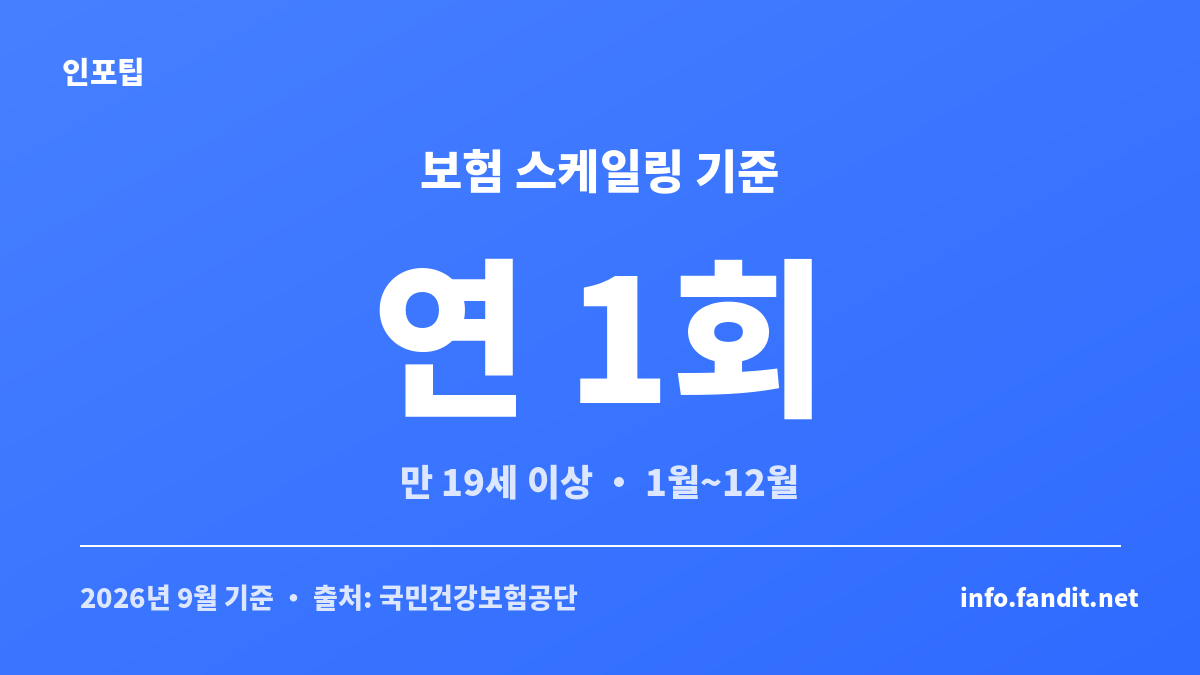 치과 스케일링 건강보험 연 1회, 만 19세 이상, 1월부터 12월까지 적용 기준을 보여주는 카드