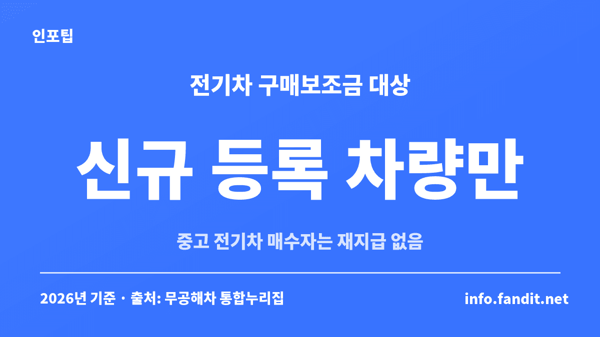 전기차 보조금은 신규 구매·신규 등록 차량만 대상이라 중고 전기차 매수자에게는 구매보조금이 다시 지급되지 않는다는 요약 카드