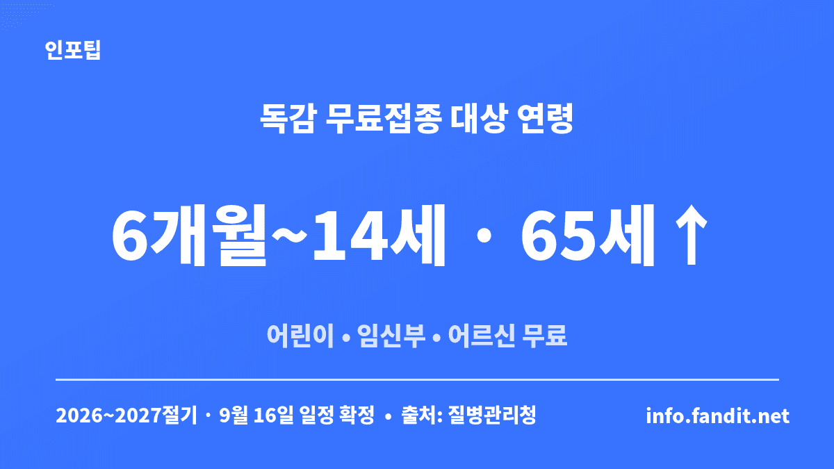 2026 독감 예방접종 무료 대상 연령 기준을 정리한 카드 (어린이 생후 6개월~만 14세, 임신부, 만 65세 이상 어르신
)