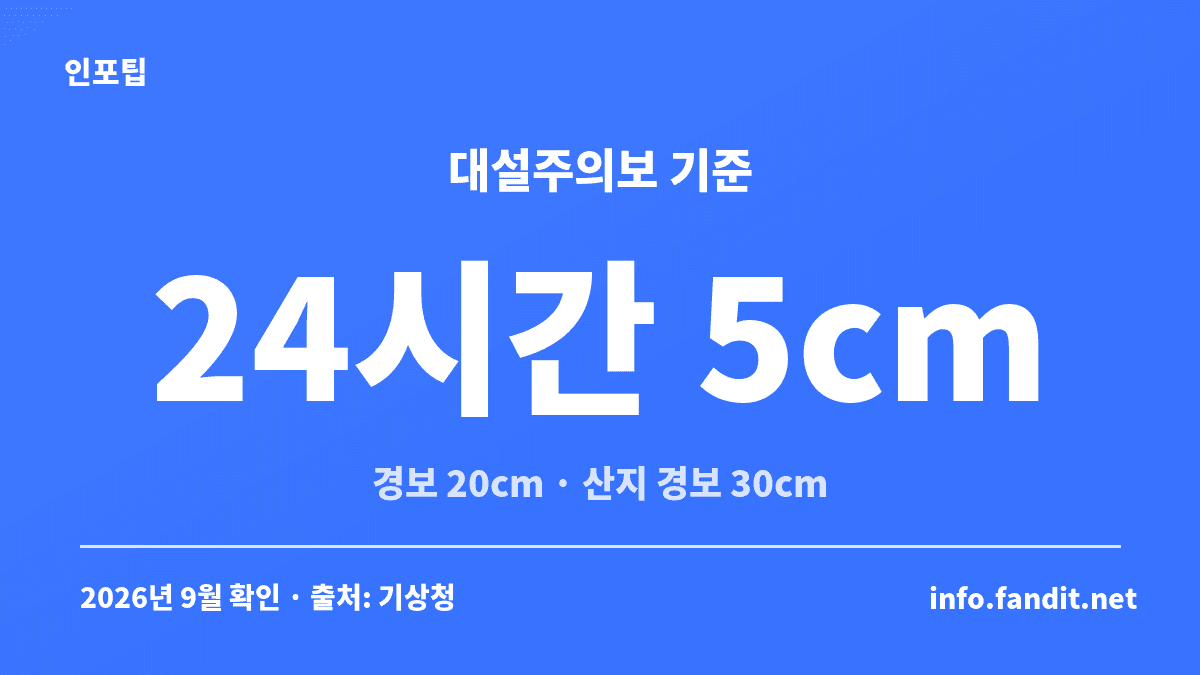 대설·한파 특보 중 대설특보 기준 — 대설주의보는 24시간 5cm 이상, 대설경보는 20cm 이상(산지 30cm 이상) 눈이 쌓일 것으로 예상될 때 발령