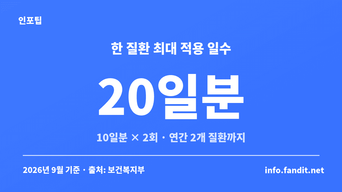 한방 첩약 건강보험 시범사업에서 한 질환당 10일분씩 2회, 최대 20일분까지 적용되고 연간 2개 질환까지 이용할 수 있다는 기준을 보여주는 카드