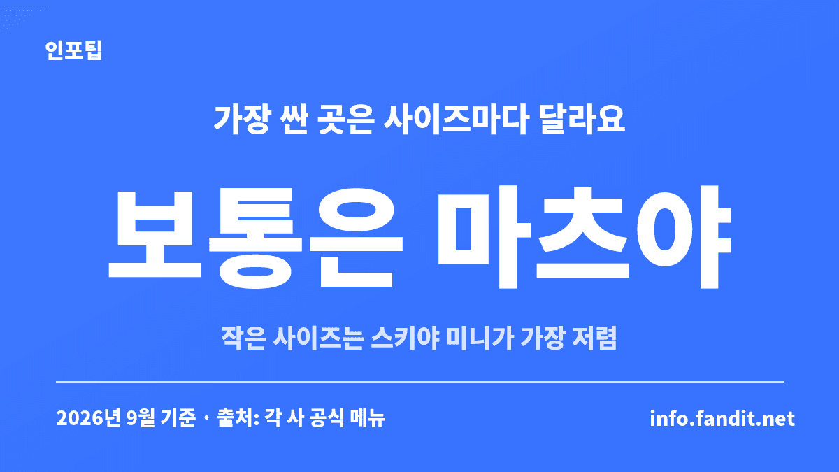 일본 규동 체인 비교 요약 카드, 보통 사이즈는 마츠야가 가장 저렴하고 작은 사이즈는 스키야 미니가 가장 저렴하다는 내용