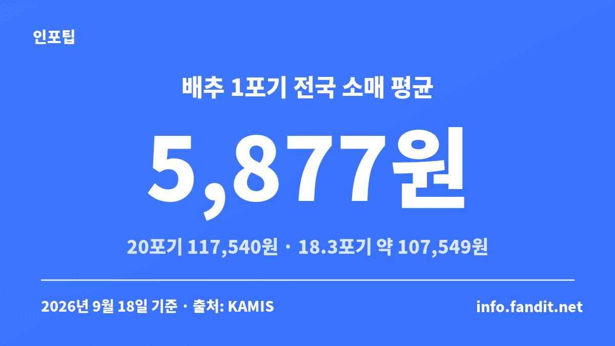 2026년 9월 18일 기준 배추 1포기 전국 소매 평균 5,877원을 보여주는 김장 배추 시세 카드