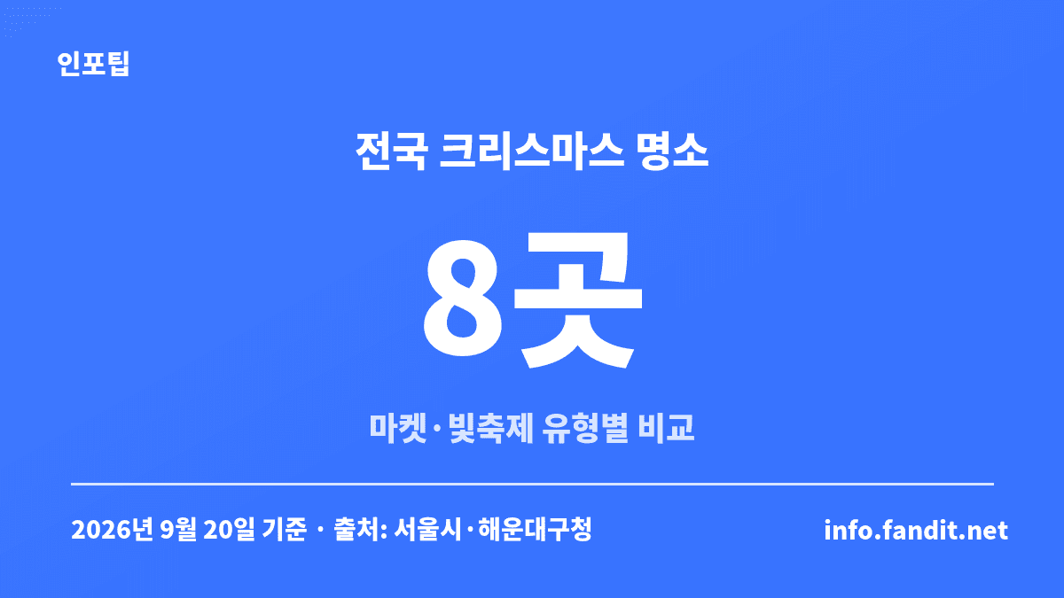 국내 크리스마스 마켓·일루미네이션 명소 8곳을 마켓·실내 전시·미디어파사드·정원 일루미네이션·지역 빛축제·가족 체험형으로 나눠 비교한 수치 카드