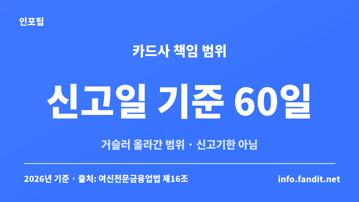 해외여행 중 카드 분실 대처 시 카드사 책임 범위가 신고일 기준 60일 전까지 거슬러 올라간다는 점을 보여주는 카드