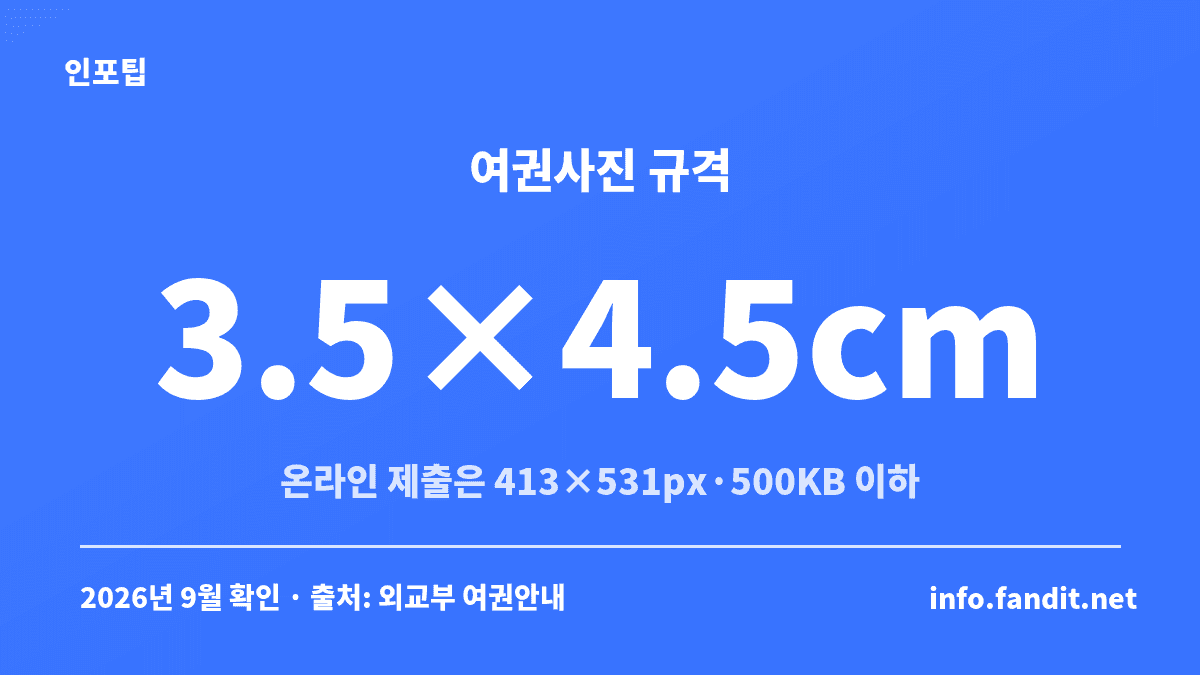 여권 사진 규정 인화 규격 3.5×4.5cm와 온라인 제출용 413×531px·500KB 기준 비교