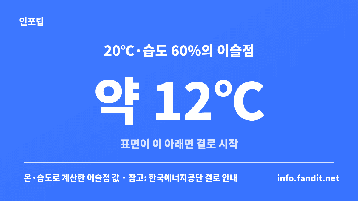 실내 20℃에서 상대습도 60%일 때 이슬점이 약 12℃임을 보여주는 겨울 결로 곰팡이 기준 이미지