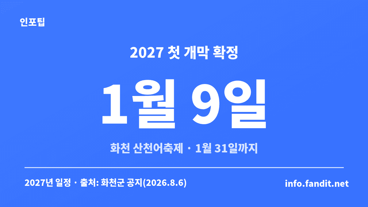 눈꽃축제·빙어축제 일정 중 2027년 1월 9일 가장 먼저 개막이 확정된 화천 산천어축제 일정 카드