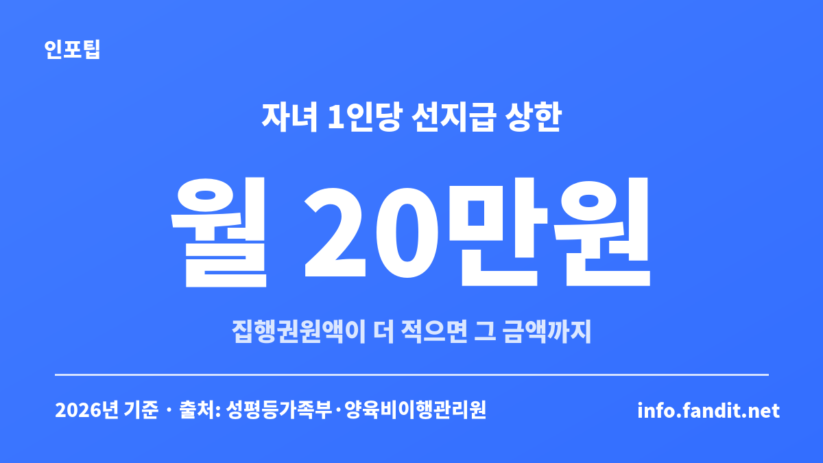 양육비 선지급 자녀 1인당 상한 월 20만원, 집행권원에 정한 금액이 더 적으면 그 금액까지만 받는다는 안내 카드